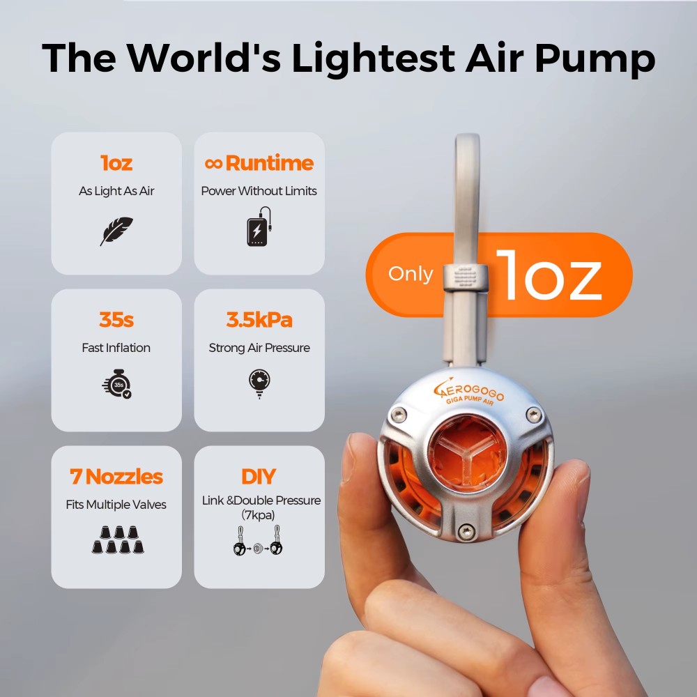 Aerogogo Giga Pump Air with multiple interchangeable nozzles for inflating air mattresses, pillows and camping gear