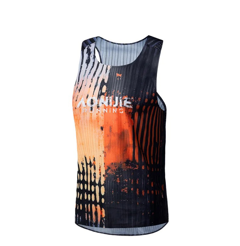 Front view of Aonijie running vest in black and orange with abstract pattern and breathable mesh design