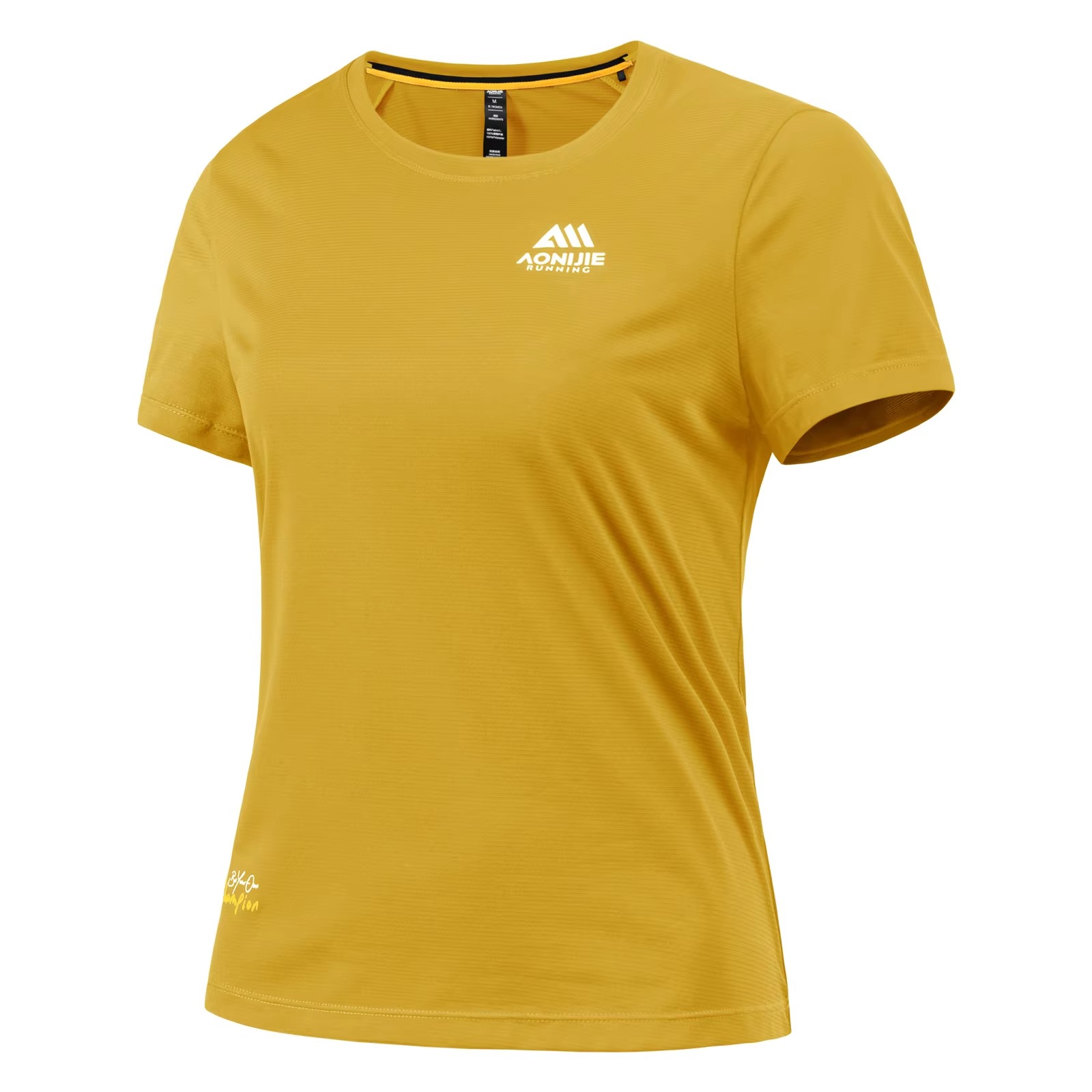 Front angled view of Aonijie women's short-sleeve running T-shirt in Yellow with white logo and yellow neckline accent