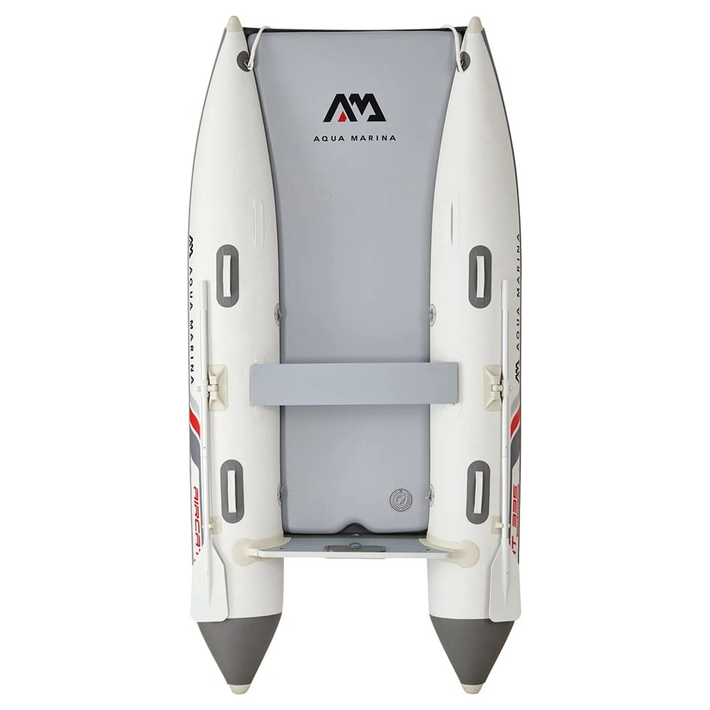 Top view of Aqua Marina Aircat 11ft inflatable catamaran featuring rigid floor and spacious seating area