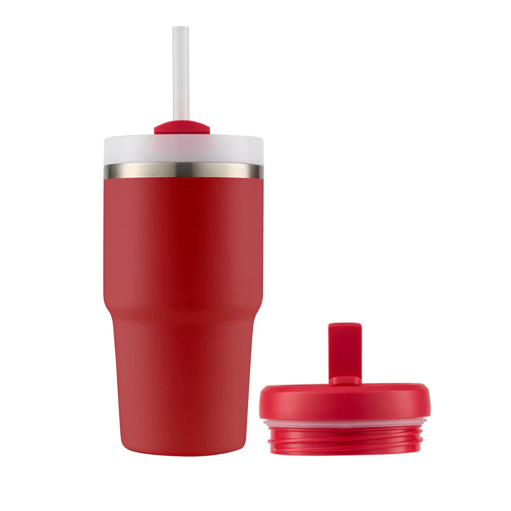 insulated smoothie tumbler with a reusable straw and interchangeable lid, designed to keep cold drinks chilled and easy to enjoy on the go.