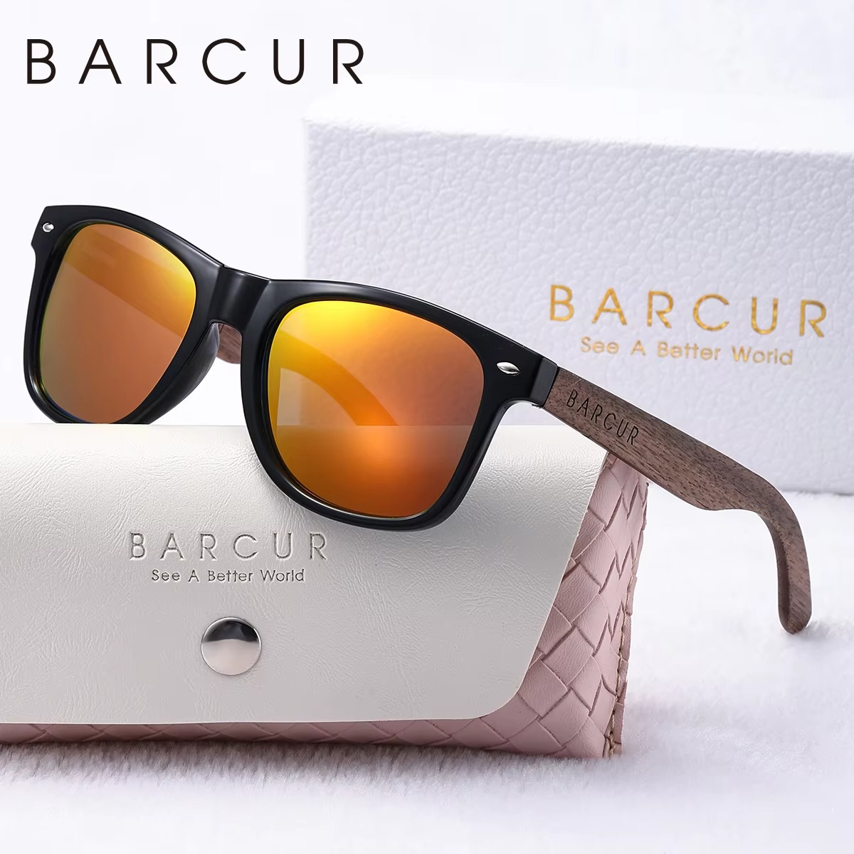 BARCUR natural wood polarized oval sunglasses for women with frame UV protection lenses and wooden arms includes protective case and gift box