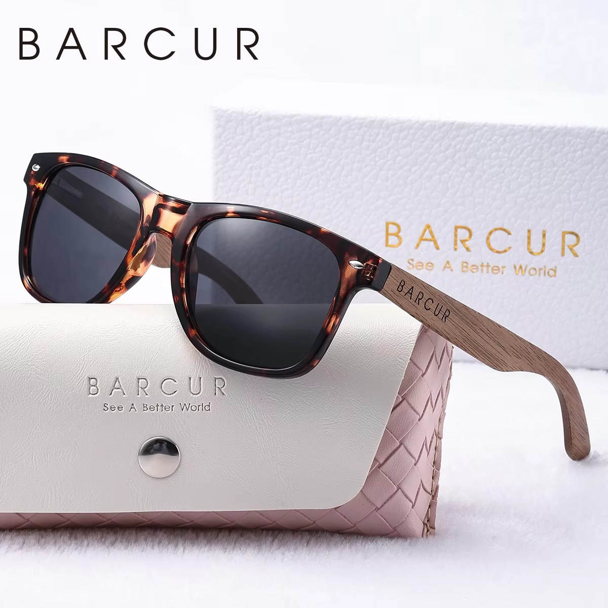 BARCUR natural wood polarized oval sunglasses for women with frame UV protection lenses and wooden arms includes protective case and gift box