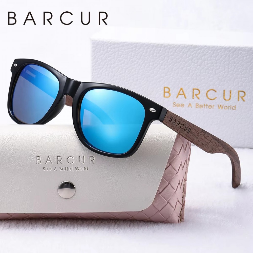 BARCUR Natural Wood Polarized Oval Sunglasses for Women-Blue BARCUR natural wood polarized oval sunglasses for women with frame UV protection lenses and wooden arms includes protective case and gift box
