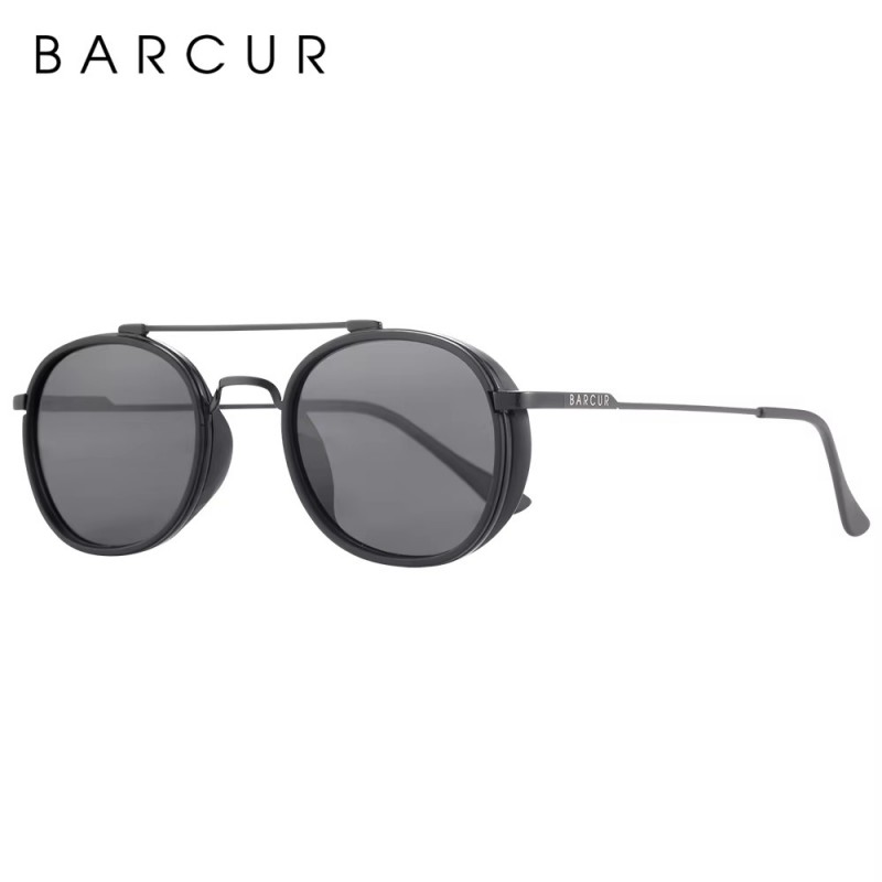 Barcur polarised round sunglasses with black stainless steel frame and dark UV protection lenses for men and women