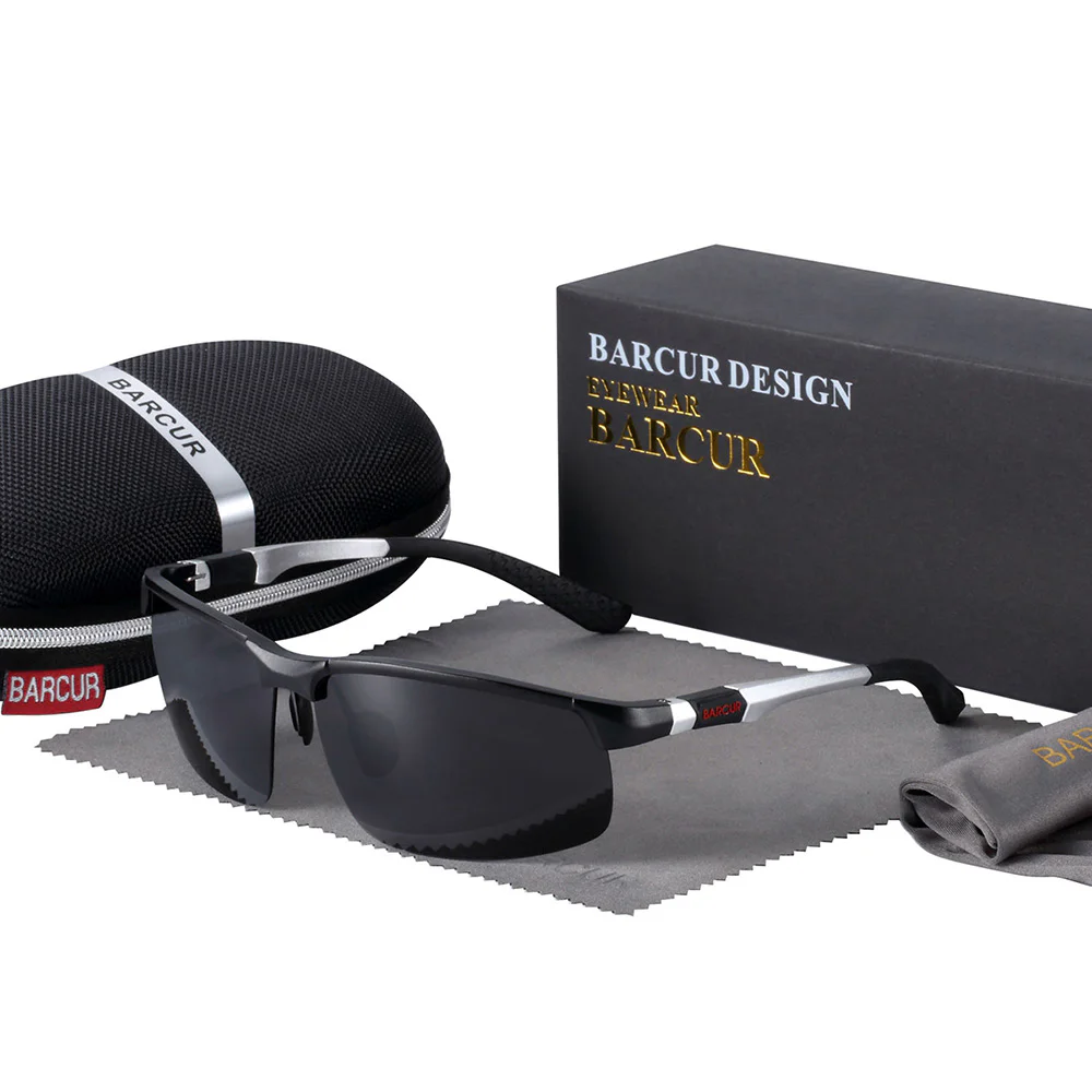 BARCUR polarized driving sunglasses with dark wraparound lenses, protective hard case, cleaning cloth and branded gift box.