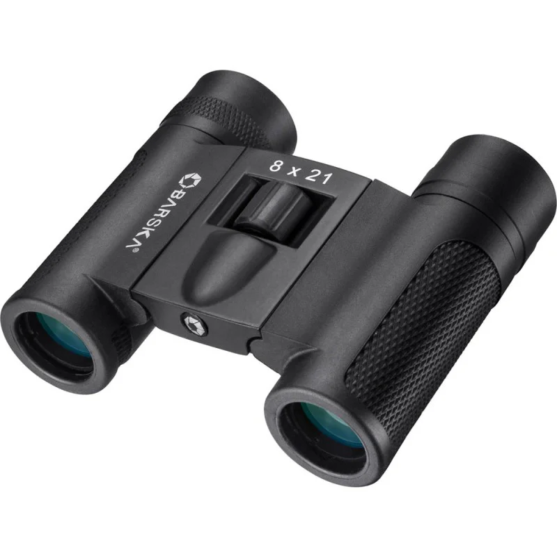 BARSKA 8x21 Lucid View compact binoculars with a lightweight foldable design, black textured grip, and center focus wheel. These pocket-sized binoculars feature 8x magnification and 21mm objective lenses for clear view.