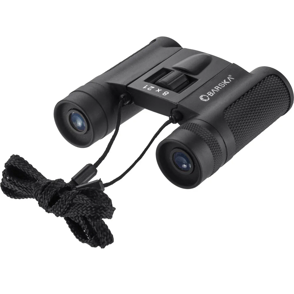 BARSKA 8x21 Lucid View Compact Binoculars – Foldable Pocket Binoculars BARSKA 8x21 Lucid View compact binoculars with a lightweight foldable design, black textured grip, and center focus wheel. These pocket-sized binoculars feature 8x magnification and 21mm objective lenses for clear view.
