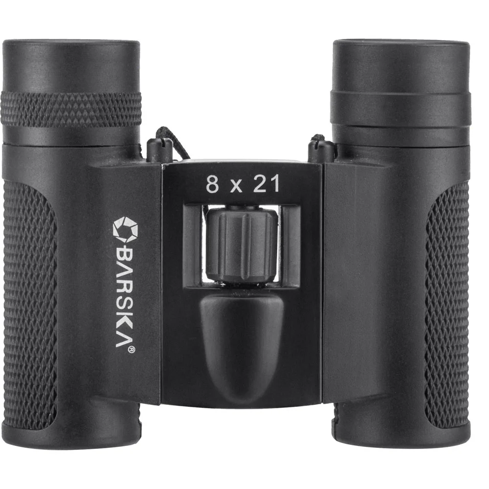 BARSKA 8x21 Lucid View Compact Binoculars – Foldable Pocket Binoculars BARSKA 8x21 Lucid View compact binoculars with a lightweight foldable design, black textured grip, and center focus wheel. These pocket-sized binoculars feature 8x magnification and 21mm objective lenses for clear view.