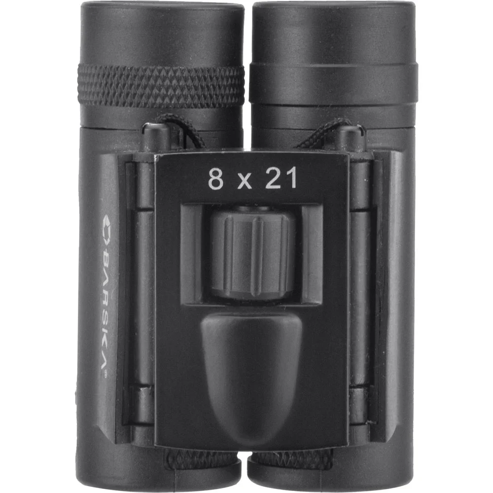 BARSKA 8x21 Lucid View Compact Binoculars – Foldable Pocket Binoculars BARSKA 8x21 Lucid View compact binoculars with a lightweight foldable design, black textured grip, and center focus wheel. These pocket-sized binoculars feature 8x magnification and 21mm objective lenses for clear view.