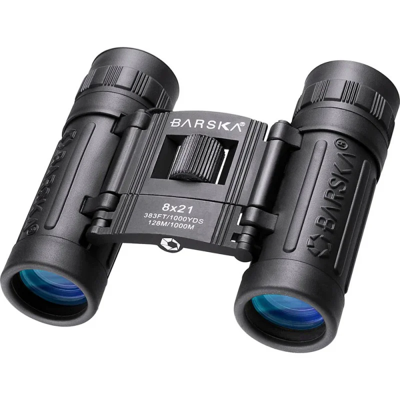 BARSKA Lucid View 8x21 compact binoculars featuring 8x magnification and 21mm objective lenses in a lightweight foldable design. These portable binoculars offer a wide field of view, center-focus adjustment wheel, and rubberized grip for comfortable handl