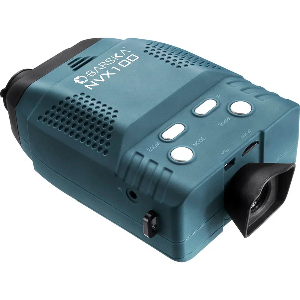 BARSKA NVX100 digital night vision monocular with built-in infrared illumination, electronic viewing display, and onboard control buttons. 