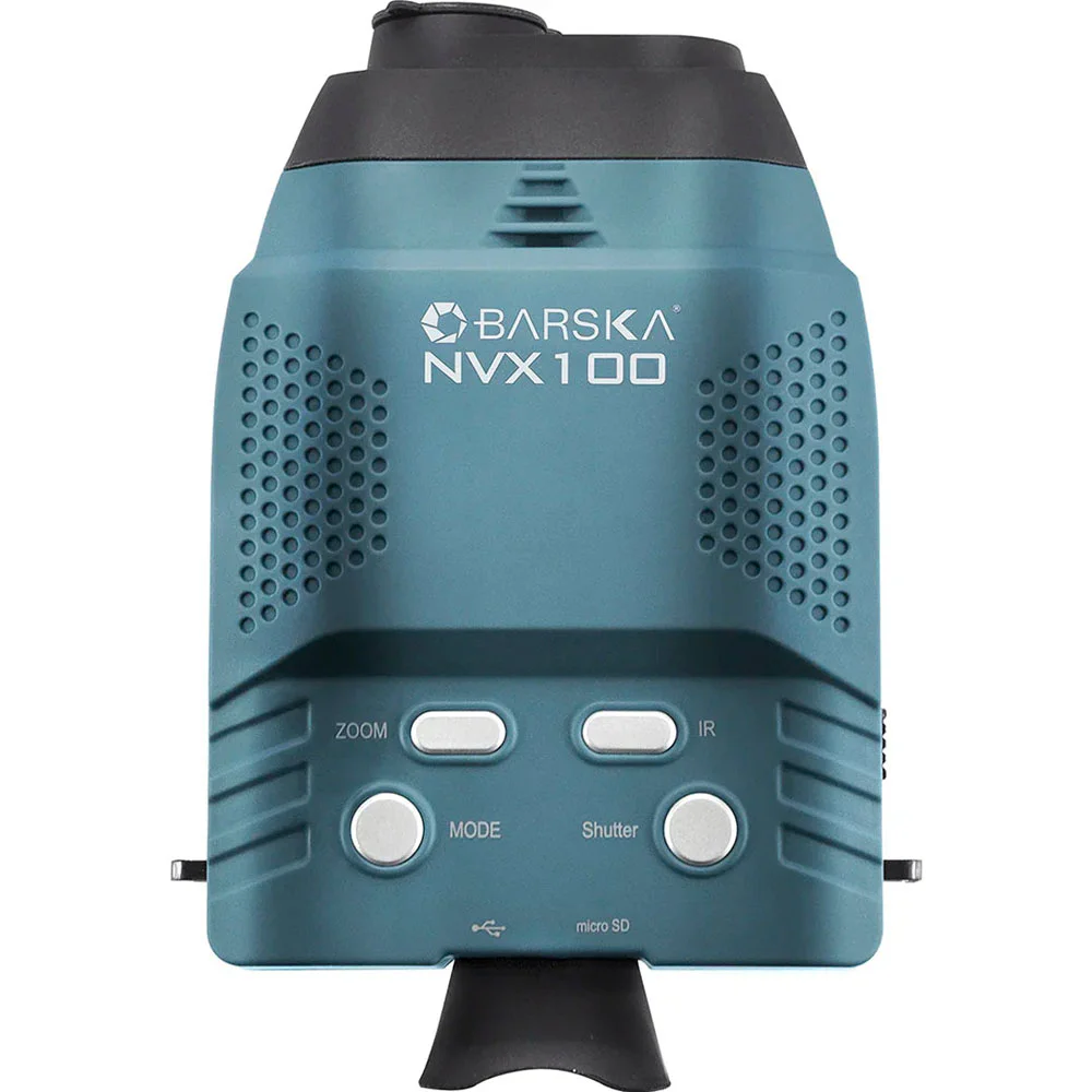 BARSKA NVX100 digital night vision monocular with built-in infrared illumination, electronic viewing display, and onboard control buttons. 