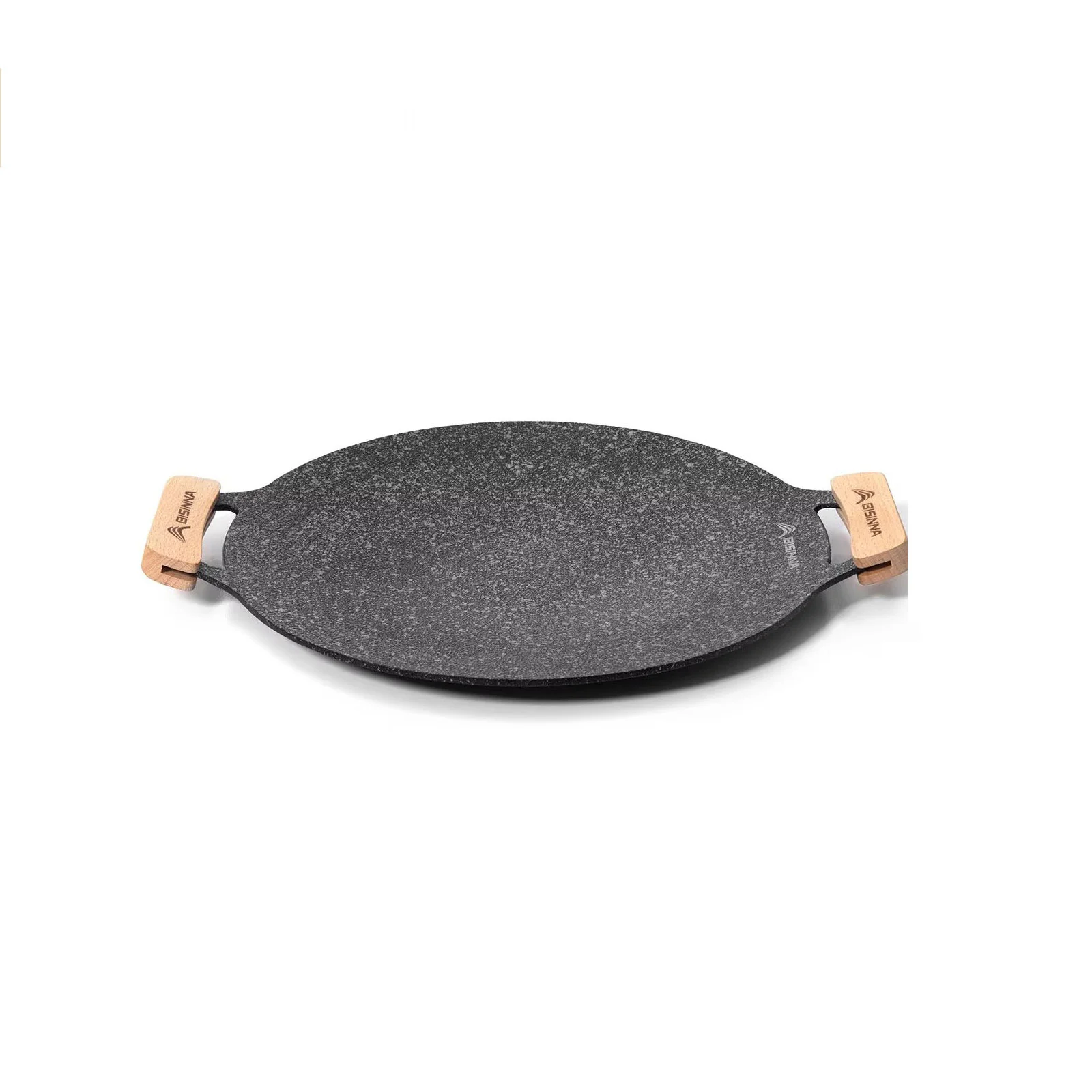 Round flat cooking griddle pan with stone coating surface and wooden handles for indoor and outdoor use