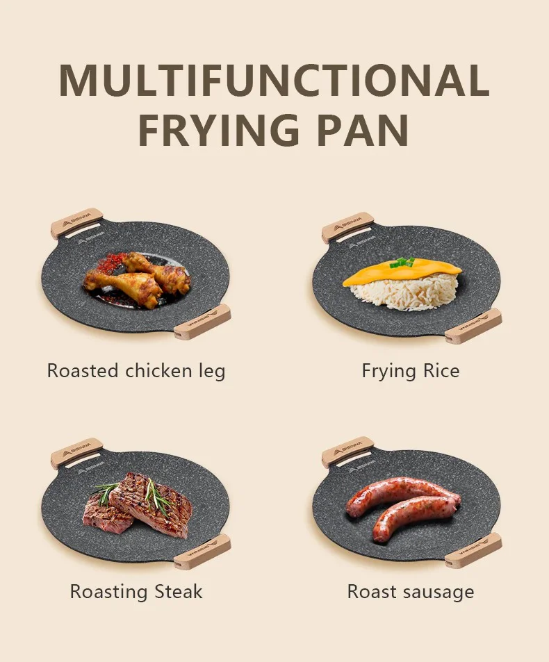 Round flat cooking griddle pan with stone coating surface and wooden handles for indoor and outdoor use