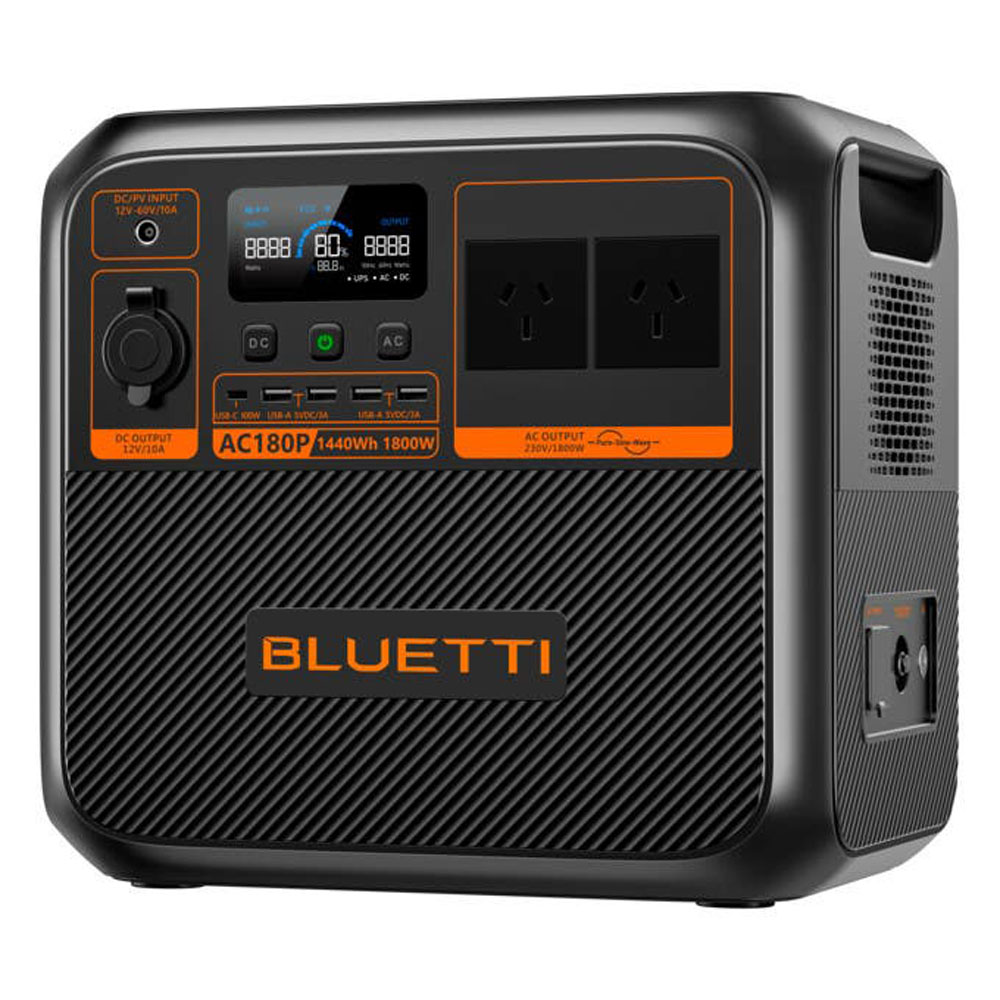 Bluetti AC180P portable power station 1800W 1440Wh with AC outlets USB ports and LCD display
