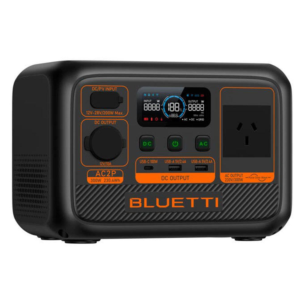 Bluetti AC2P 300W Portable Power Station Compact Backup Battery Bluetti AC2P 300W portable power station with LCD display and multiple charging ports for travel and emergency use