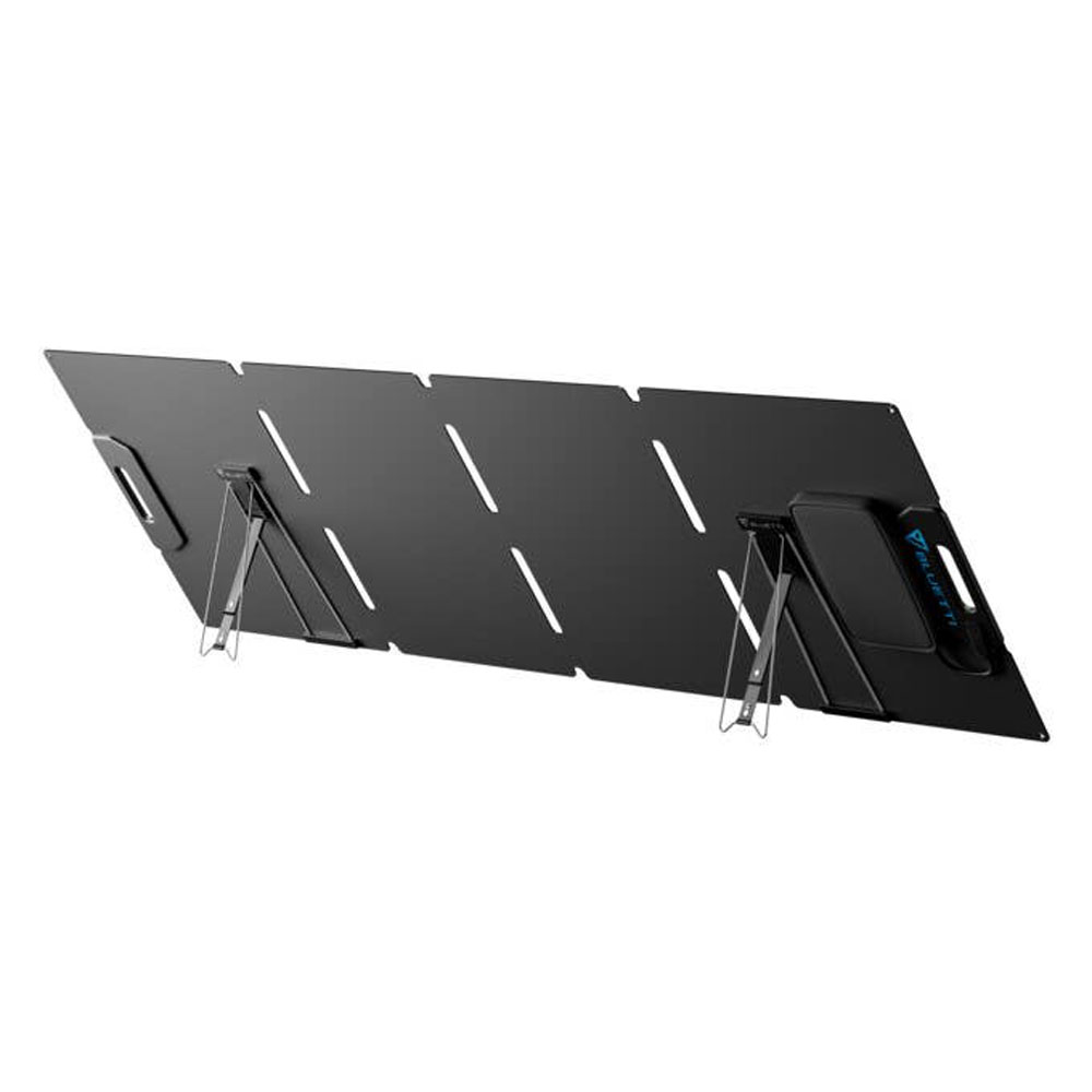 Bluetti MP200 Solar Panel Adjustable Stand Setup Outdoor Use Bluetti MP200 portable solar panel with built-in adjustable kickstands for optimal sun positioning during outdoor use