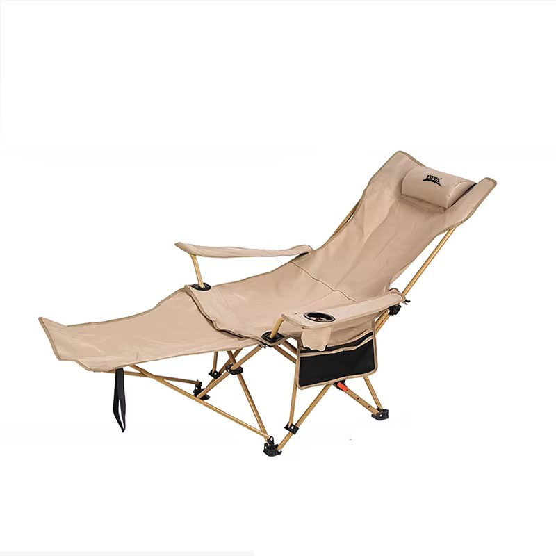 Portable BRS reclining camping chair with detachable footrest, cup holder and adjustable backrest for outdoor relaxation