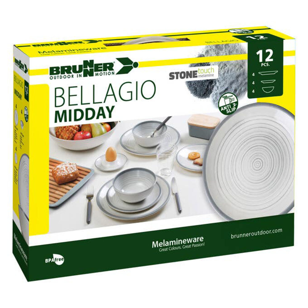 Brunner Bellagio 12 piece melamine dinner set with grey rim plates and bowls for camping caravans and outdoor dining