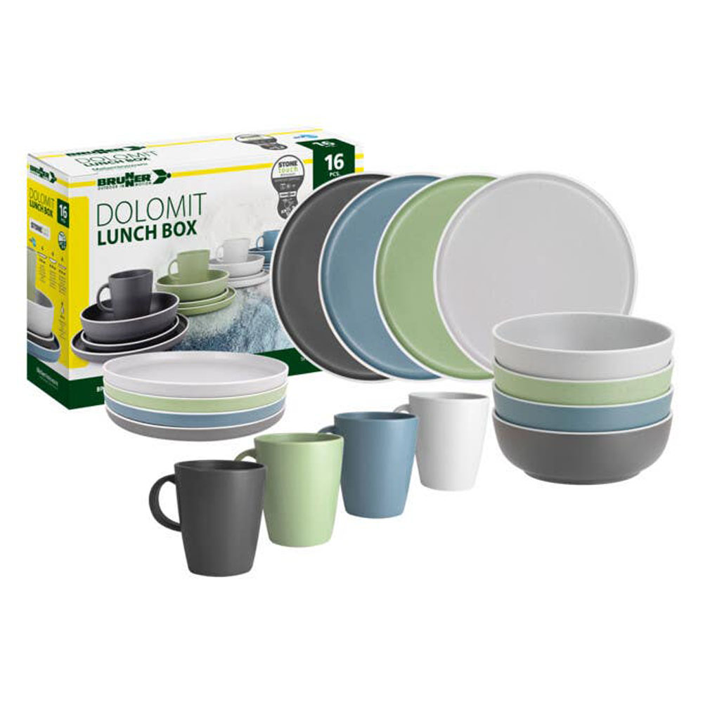 Brunner Dolomit 16 piece melamine dinner set with colourful plates bowls and mugs for camping caravan and outdoor dining