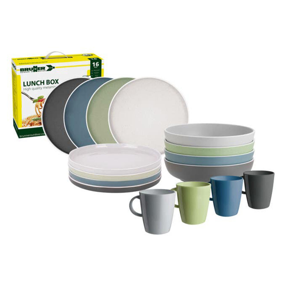 Brunner Dolomit 16 piece melamine dinner set with colourful plates bowls and mugs for camping caravan and outdoor dining
