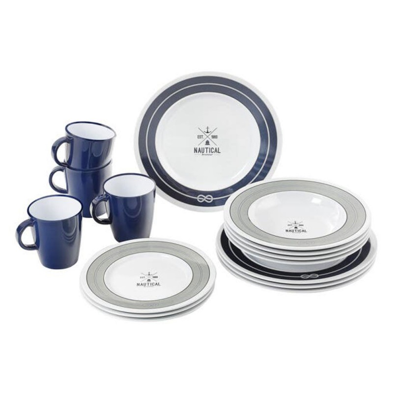Brunner Nautical 16 piece melamine dinner set with plates bowls mugs and storage box for camping caravans boats and RV dining