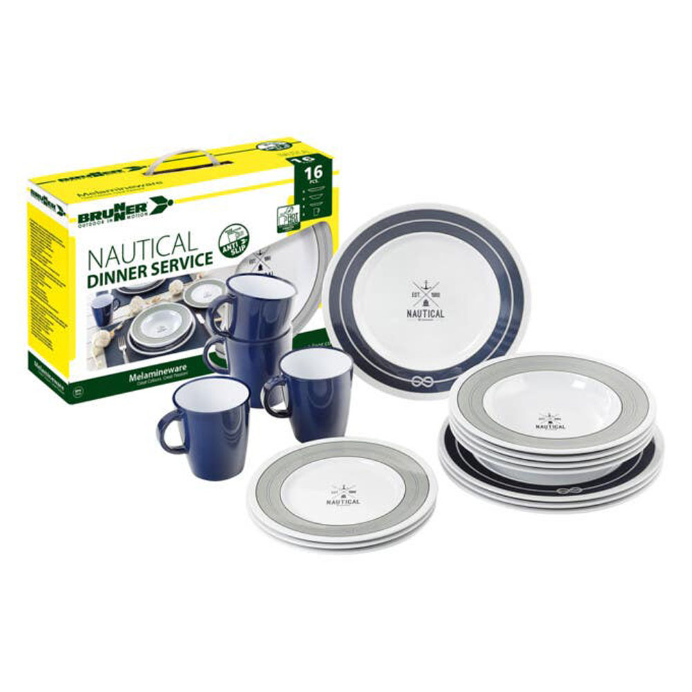 Brunner Nautical 16 piece melamine dinner set with plates bowls mugs and storage box for camping caravans boats and RV dining