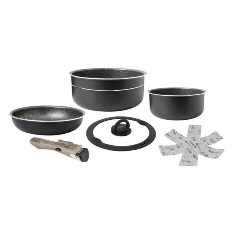 Brunner Pirate stackable camping cookware set with frying pan, saucepans, lid, detachable handle and pan protectors for outdoor cooking