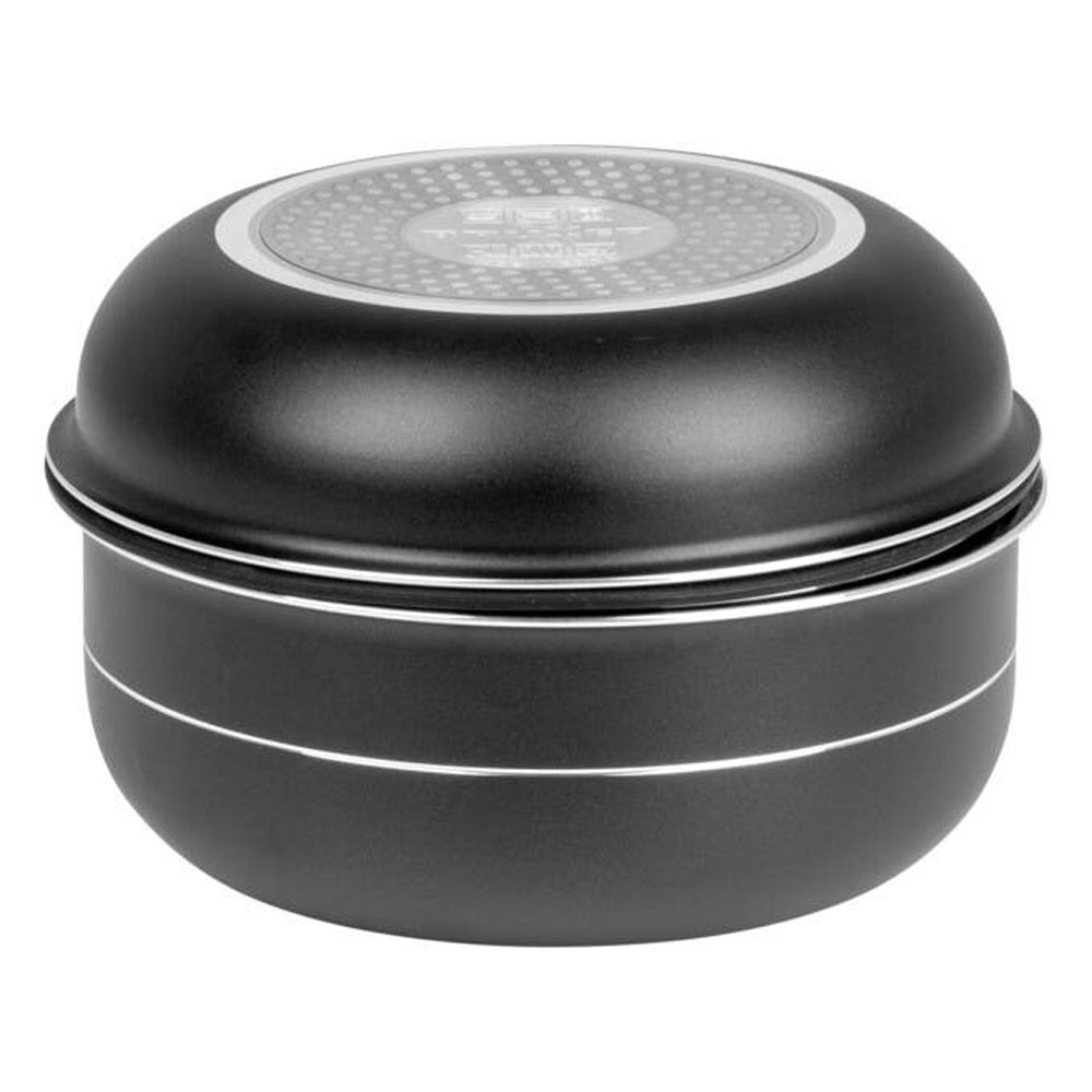 Brunner Pirate stackable camping cookware set with frying pan, saucepans, lid, detachable handle and pan protectors for outdoor cooking