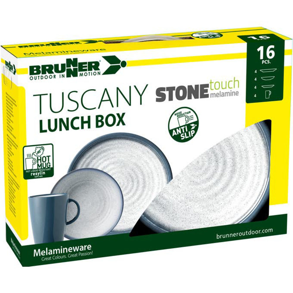 Brunner Tuscany 16 piece melamine dinner set with plates bowls and mugs for camping caravans and outdoor dining