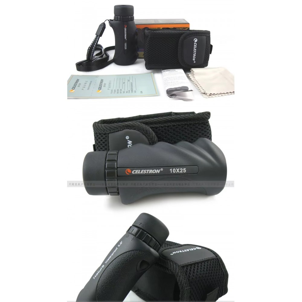 Celestron Nature 10x25 waterproof monocular close up showing textured grip wrist strap attachment and compact ergonomic design for hiking travel and outdoor viewing