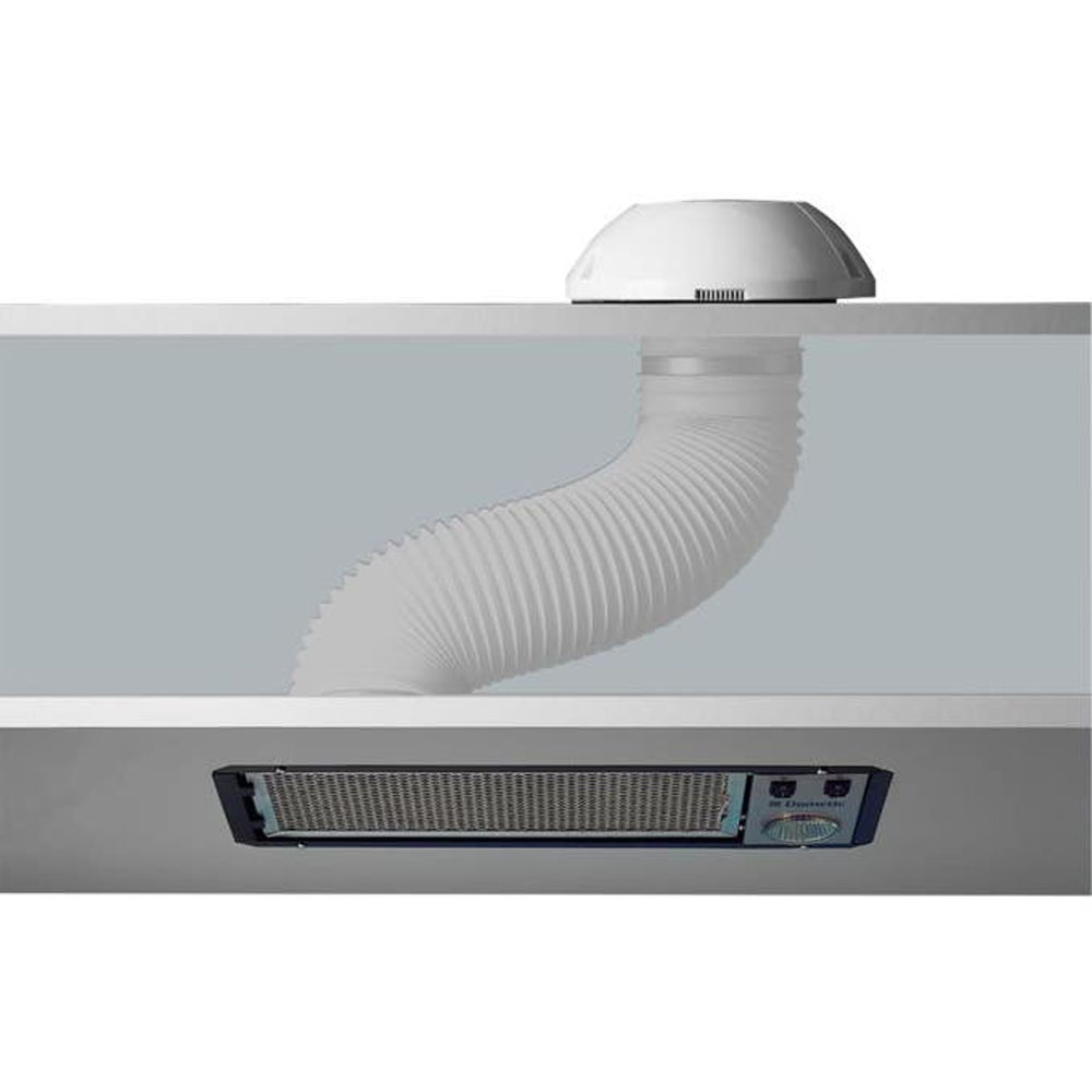 Dometic 12V rangehood cooker hood installed in RV cabinet with flexible vent hose for caravan kitchen ventilation
