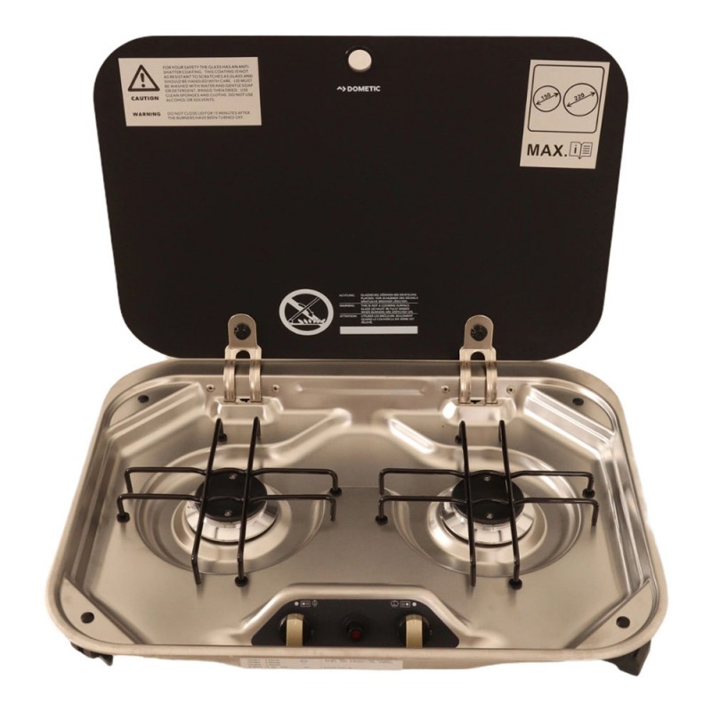 Dometic 2 burner gas stove with glass lid open showing stainless steel hob for caravan and campervan kitchens