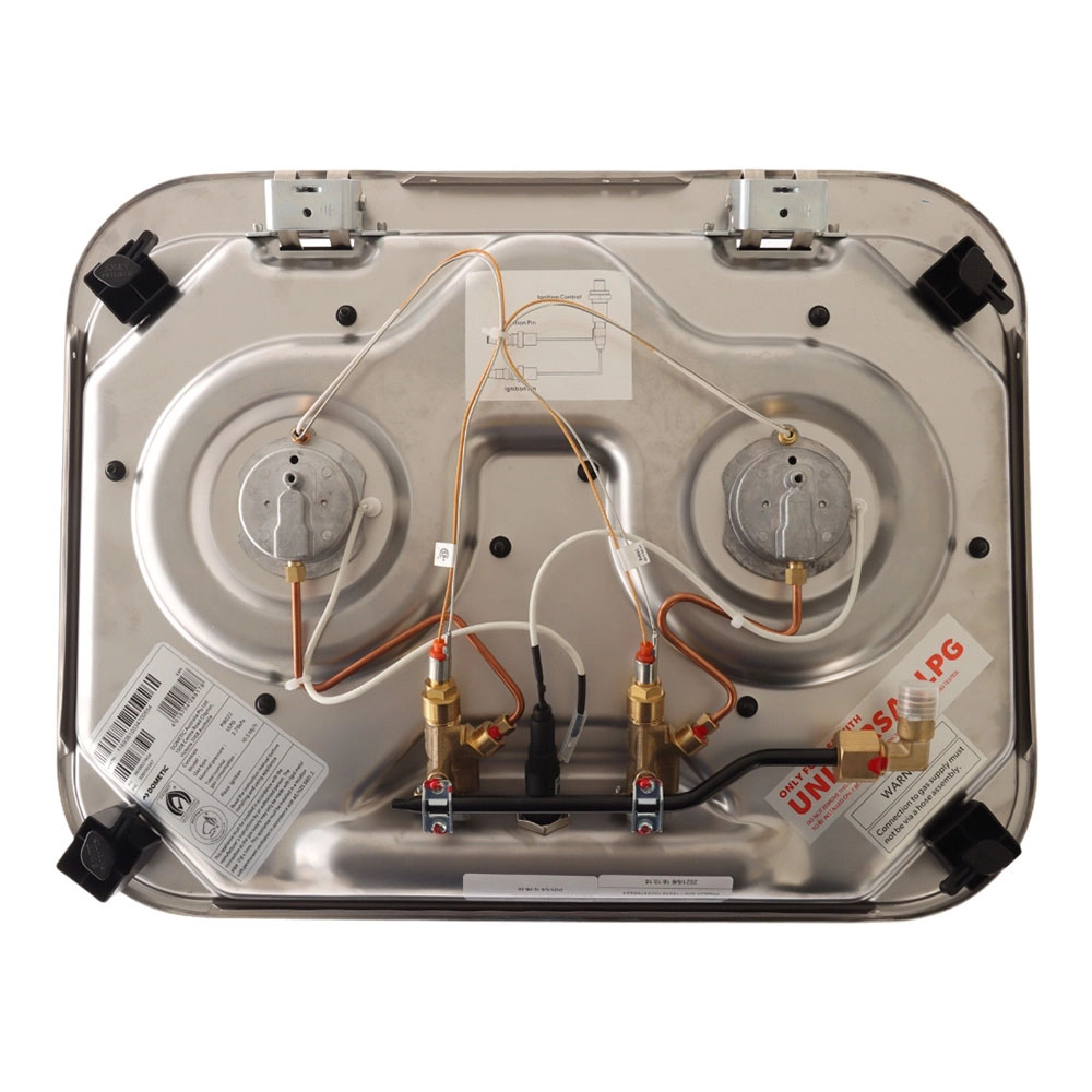 Dometic 2 Burner Gas Stove Underside LPG Connection Underside of Dometic 2 burner gas stove showing LPG gas connections and installation components