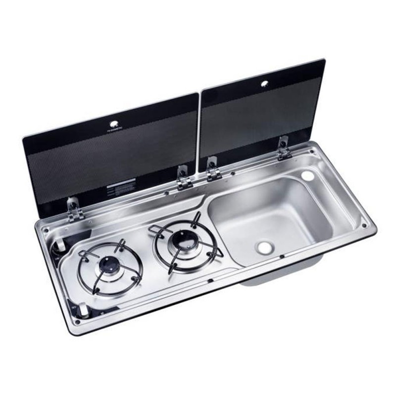 Dometic 2 burner gas stove and stainless steel sink combo with fold down glass lids open for caravan kitchen