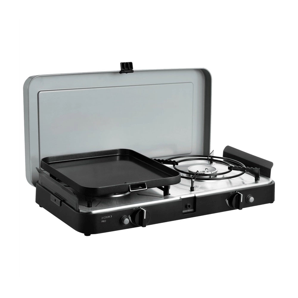 Dometic 2 Cook 3 Pro Deluxe portable 2 burner gas stove with flat griddle plate and lid open
