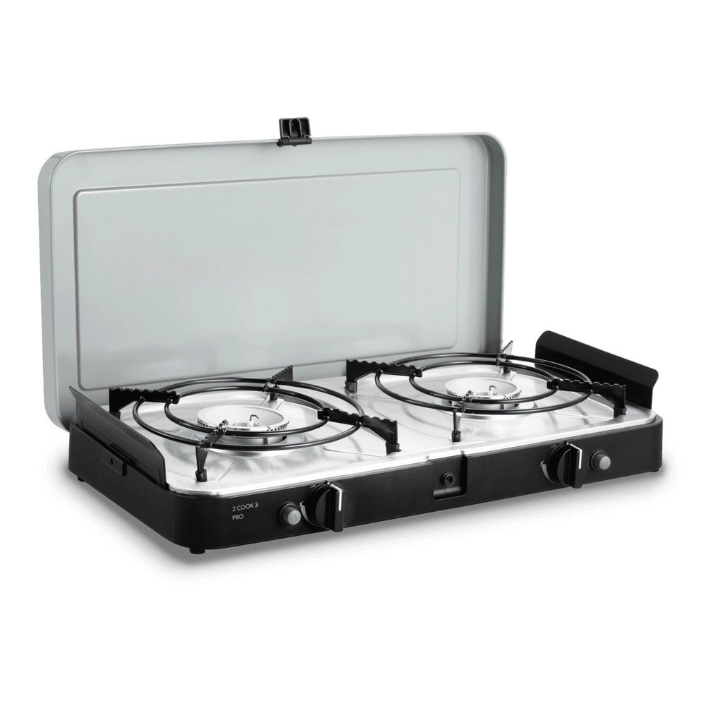 Dometic 2 Cook 3 Pro Deluxe portable 2 burner gas stove with flat griddle plate and lid open