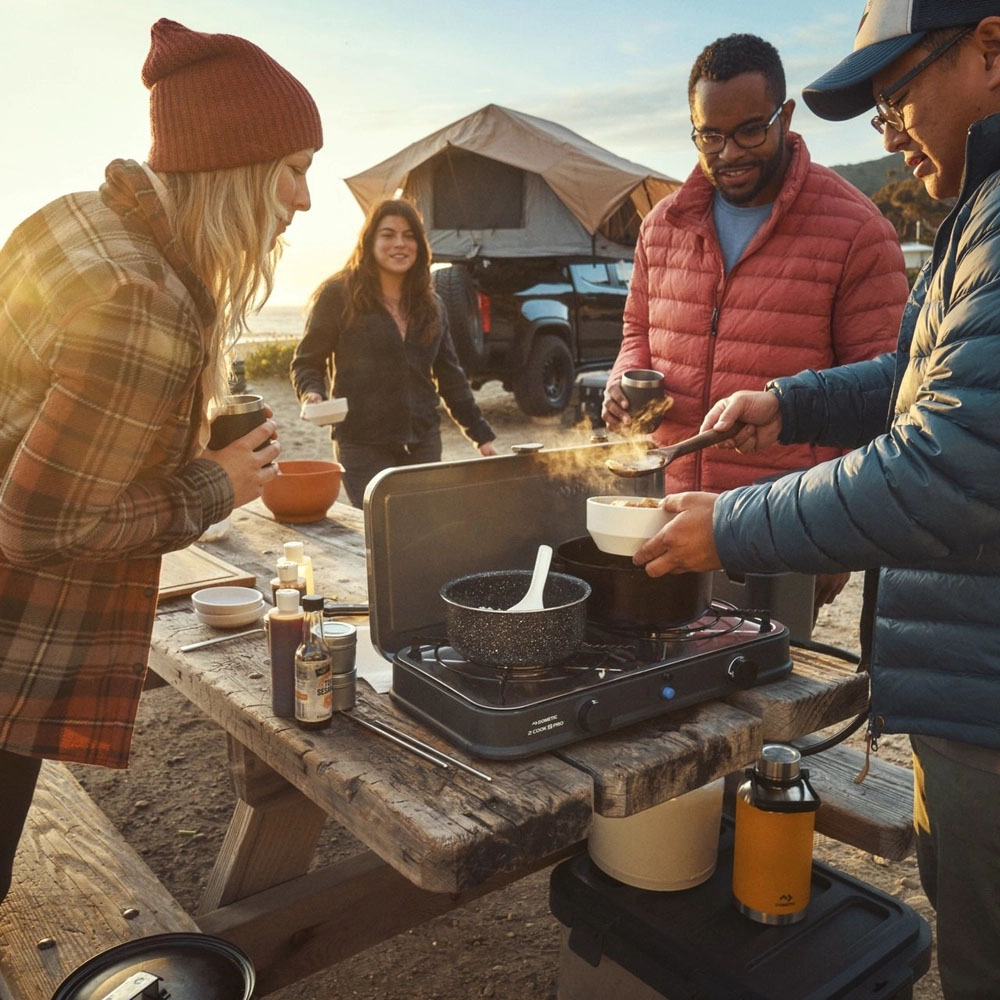 Dometic 2 Cook 3 Pro Deluxe portable 2 burner gas stove with flat griddle plate and lid open
