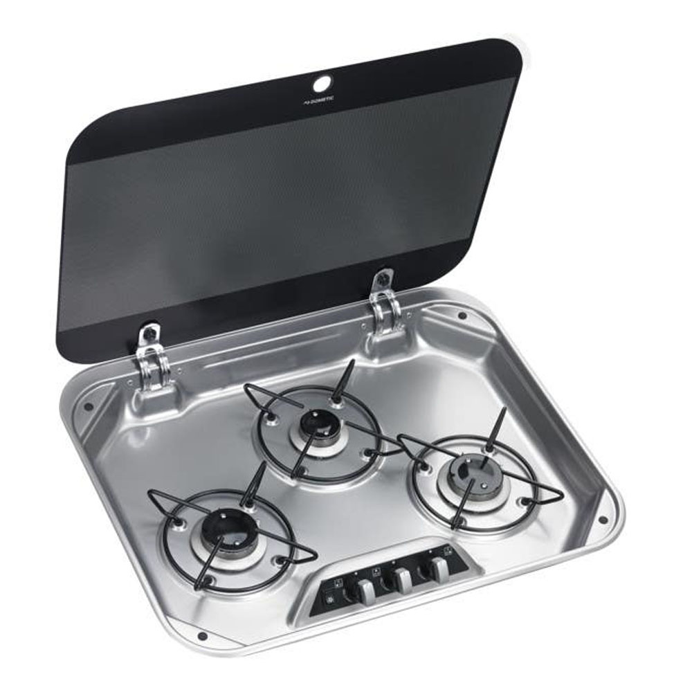 Dometic 3 burner gas stove with glass lid open for caravan and campervan kitchen use