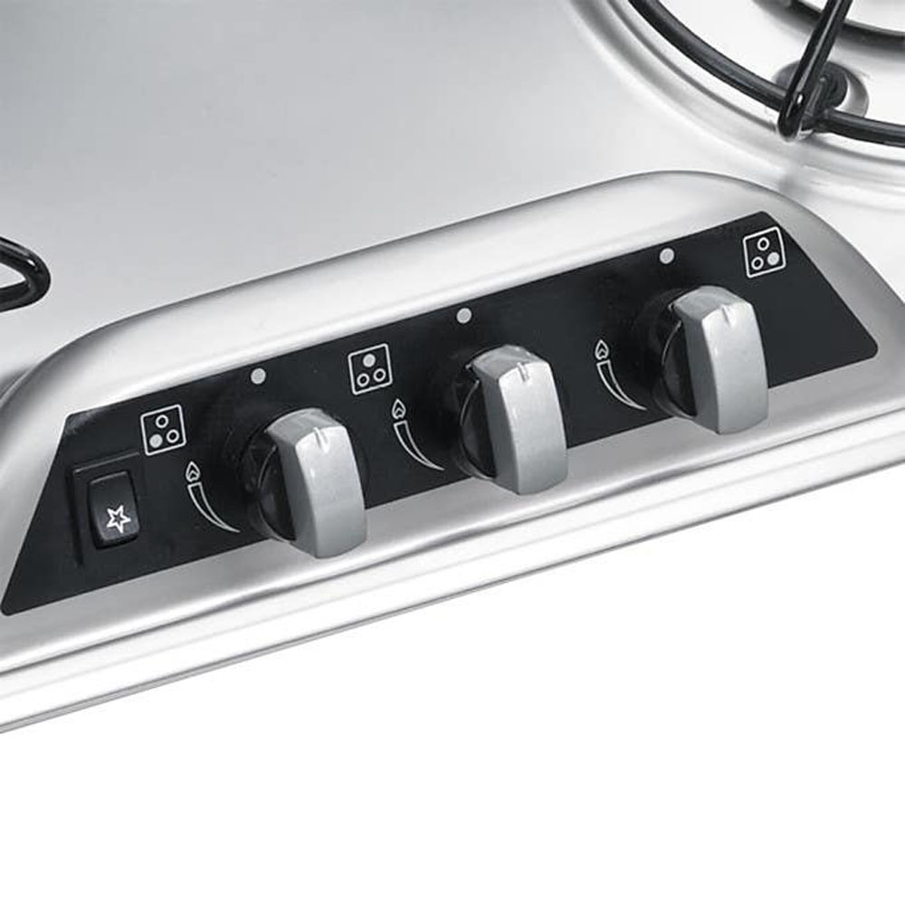 Dometic 3 Burner Stove Control Knobs and Ignition Dometic 3 burner gas stove control panel with ignition switch and adjustable heat knobs