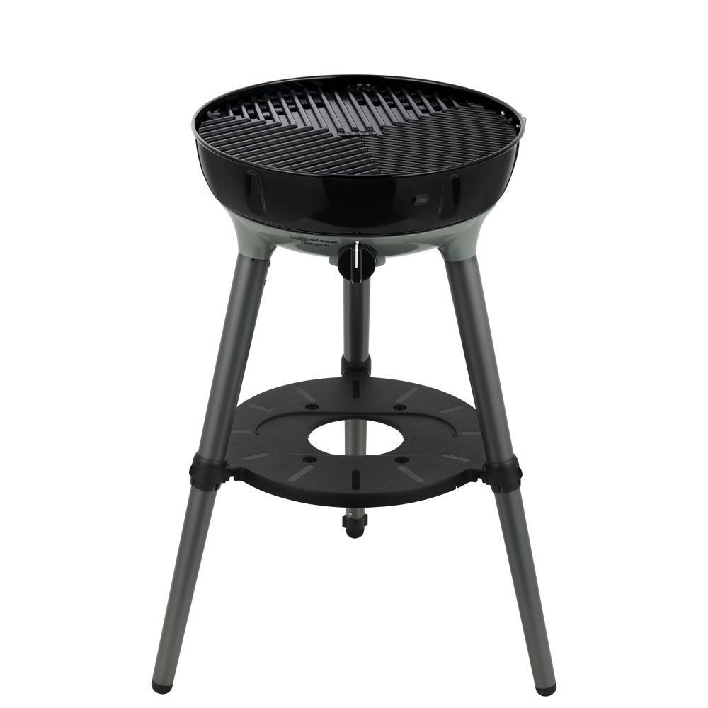 Dometic CADAC Carri Chef 40 portable gas BBQ grill with lid open and tripod stand for outdoor cooking