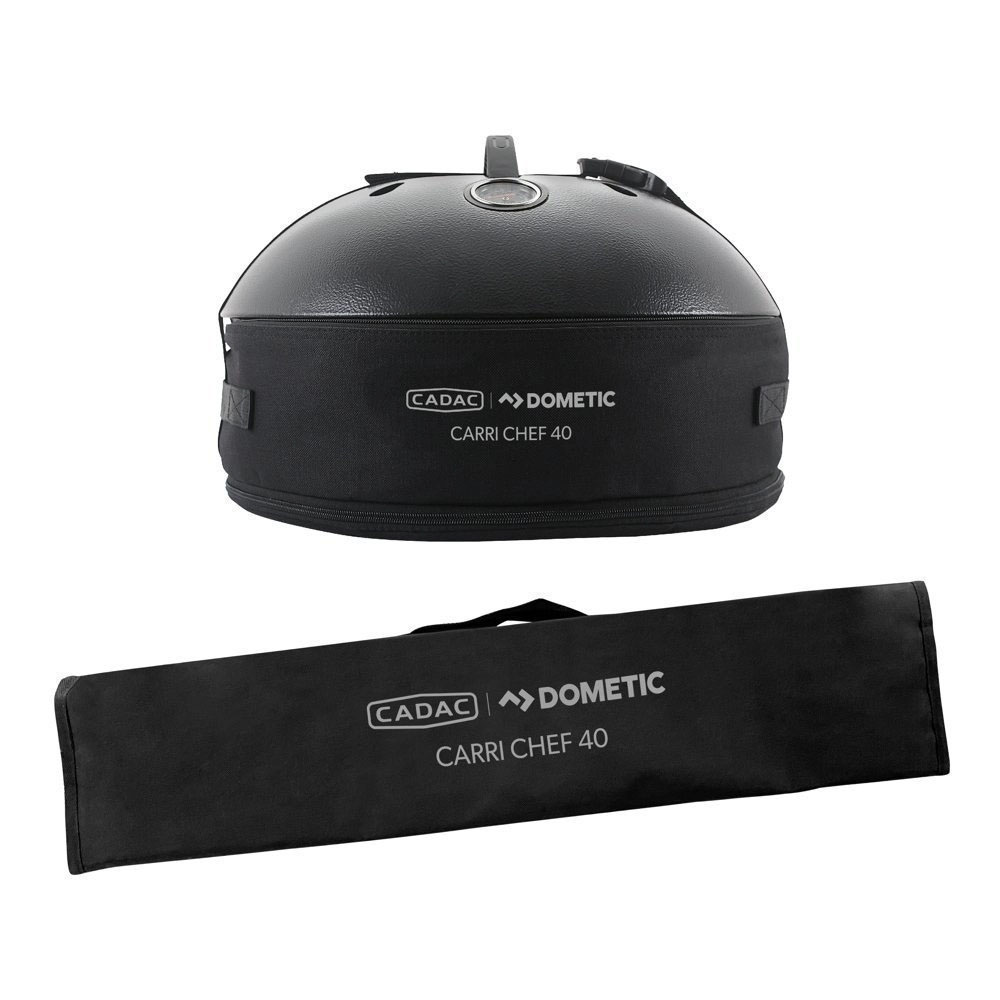 Dometic CADAC Carri Chef 40 portable gas BBQ grill with lid open and tripod stand for outdoor cooking