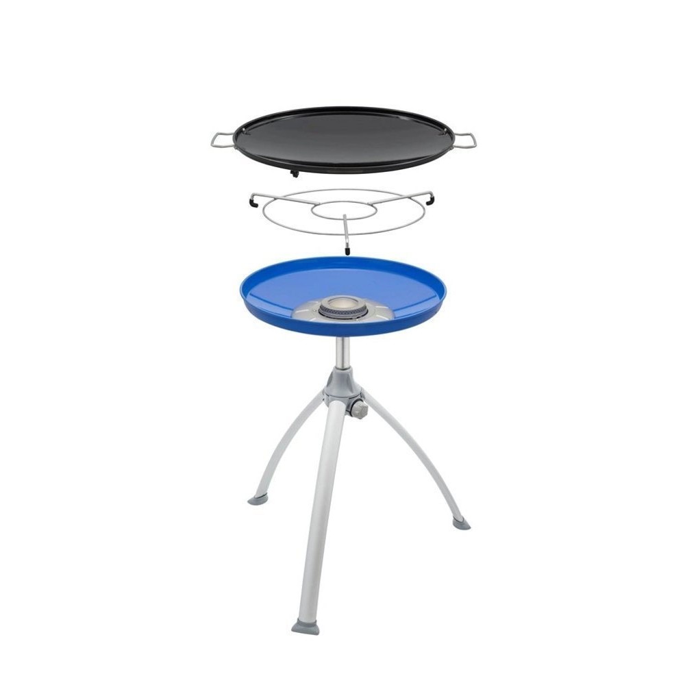 Exploded view of Dometic CADAC Skottel Braai portable barbecue showing cooking plate, burner assembly and tripod stand