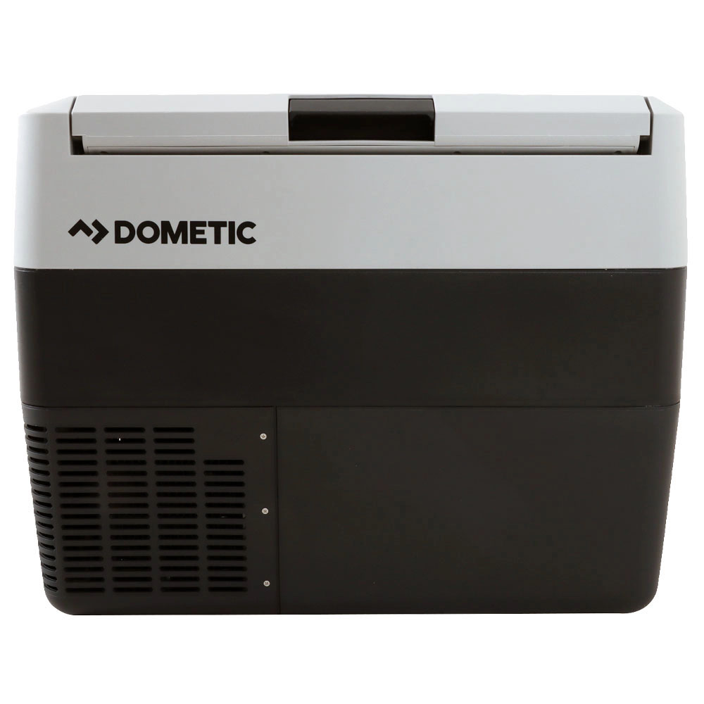 Front view of Dometic CFF 45 compressor fridge freezer with compact design for campervan and outdoor travel