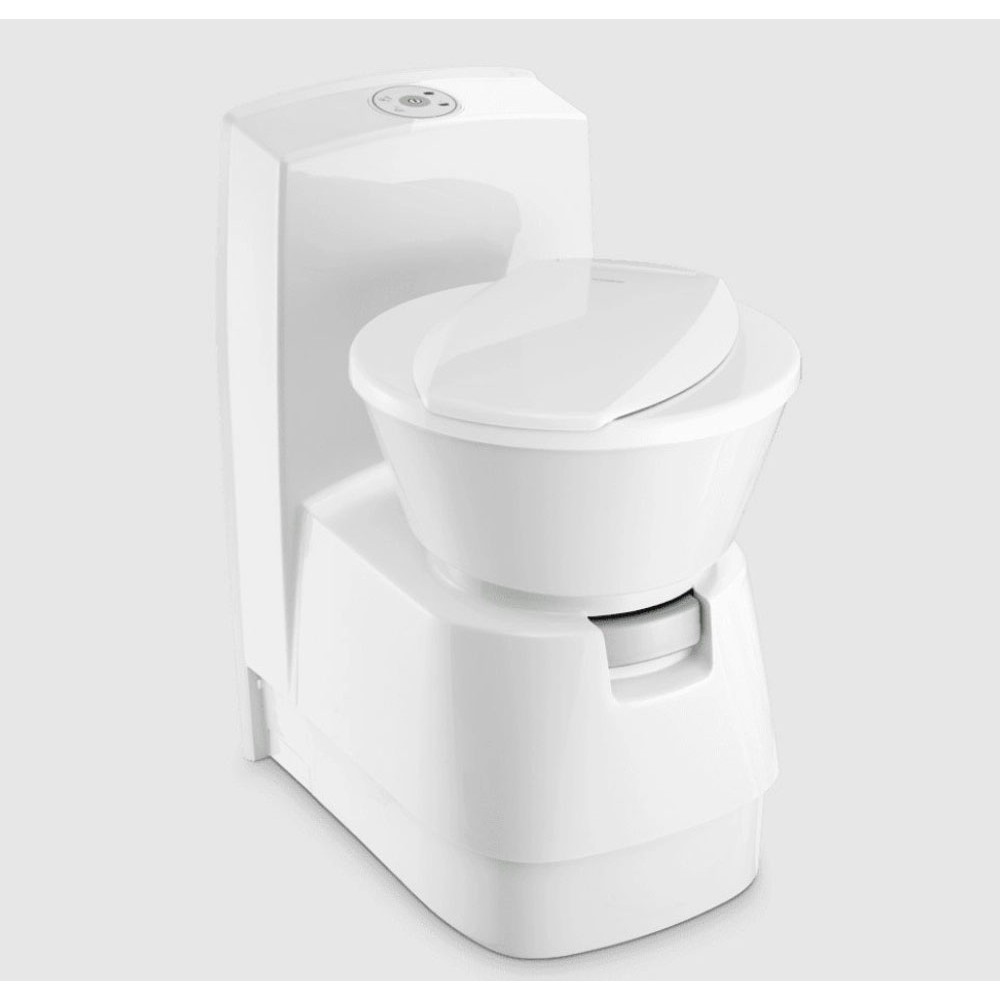 Dometic CTS 4110 Swivel Toilet Soft Close Seat Dometic CTS 4110 swivel cassette toilet with soft close seat partially open in RV bathroom setup
