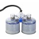 Dometic Dual Gas Adapter with 500g Cartridges Dometic dual gas canister adapter connected to two 500g gas cartridges for portable camping stove or BBQ use