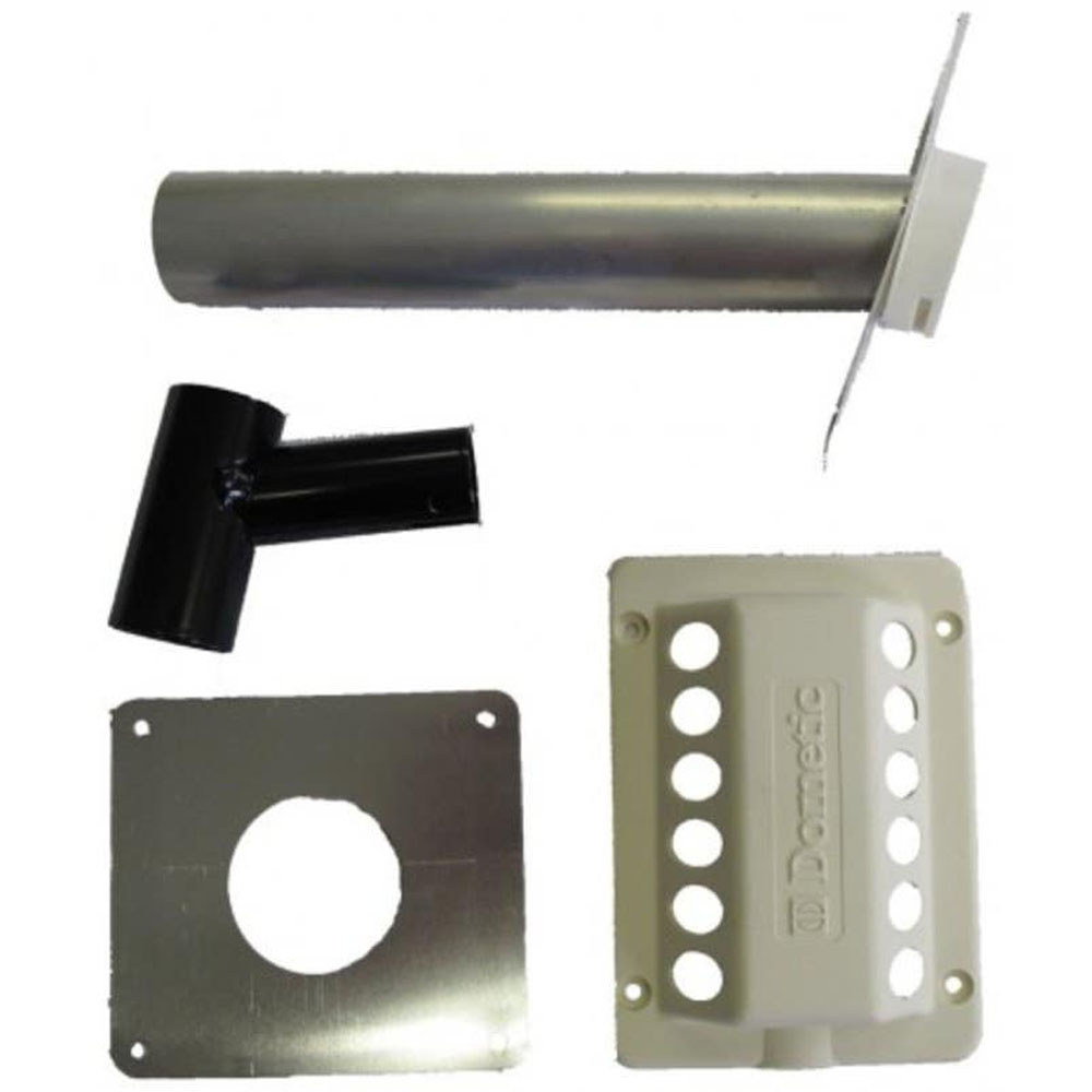 Dometic Flue Kit for 60L Gas Fridges Dometic flue kit components for 60 litre gas caravan fridge including vent cover, flue pipe, mounting plates and exhaust fittings