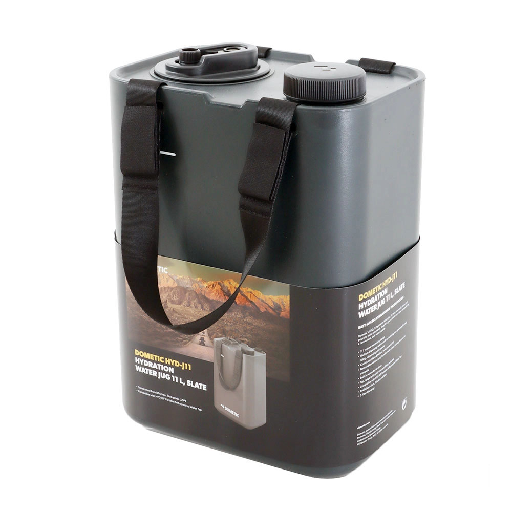 Dometic GO Hydration 11 litre water container in slate colour with carry straps and integrated dispensing cap for camping and outdoor use