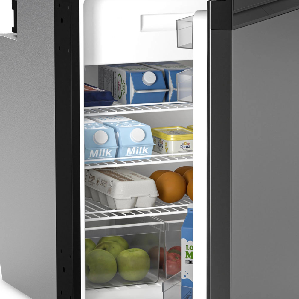 Dometic NRX 115C built-in compressor fridge freezer open showing food storage and interior shelves